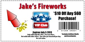 $10 off of $60 at Jakes Fireworks